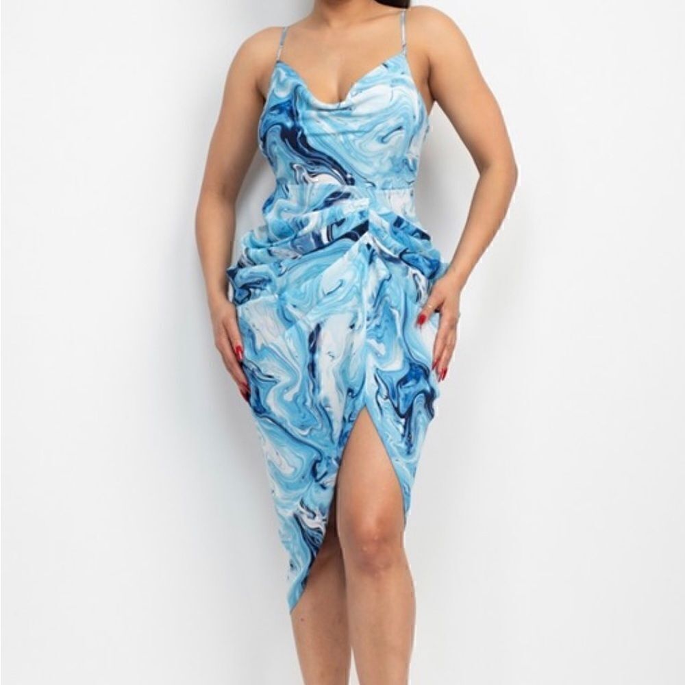 Blue marble cowl neck midi Dress